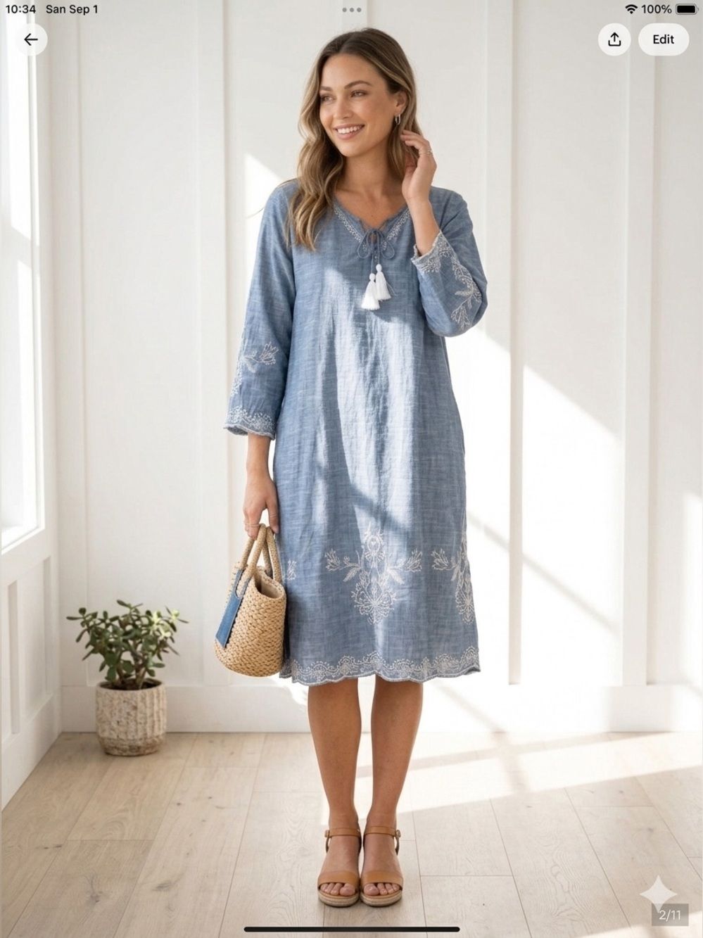 Kyla Seo Caite embroidered light chambray V-neck dress